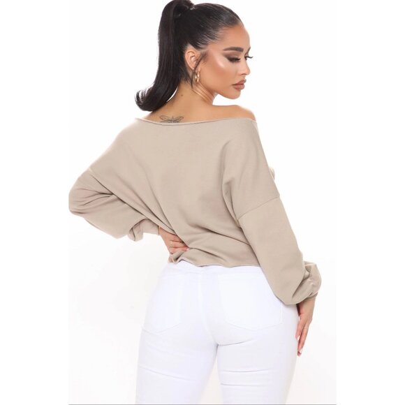 Fashion Nova ✦ Karma Is a B Off‑Shoulder Sweatshirt ✦ Mocha Graphic Raw Hem NWT - Picture 4 of 4